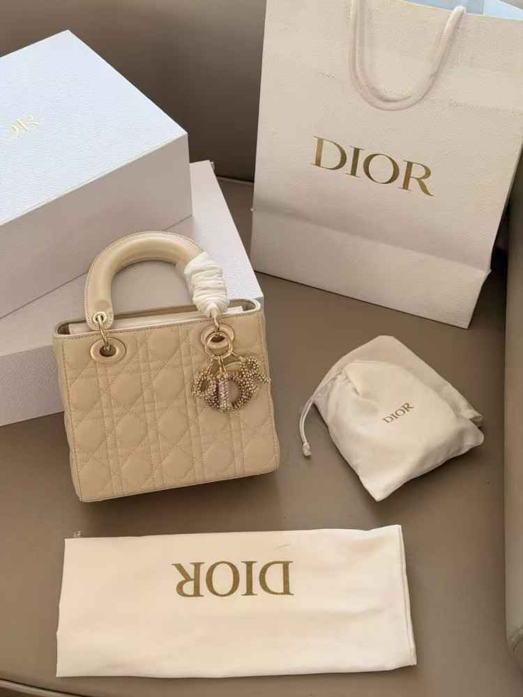 Lady Dior Signature Cream Studded Logo Handbag-thumb-0
