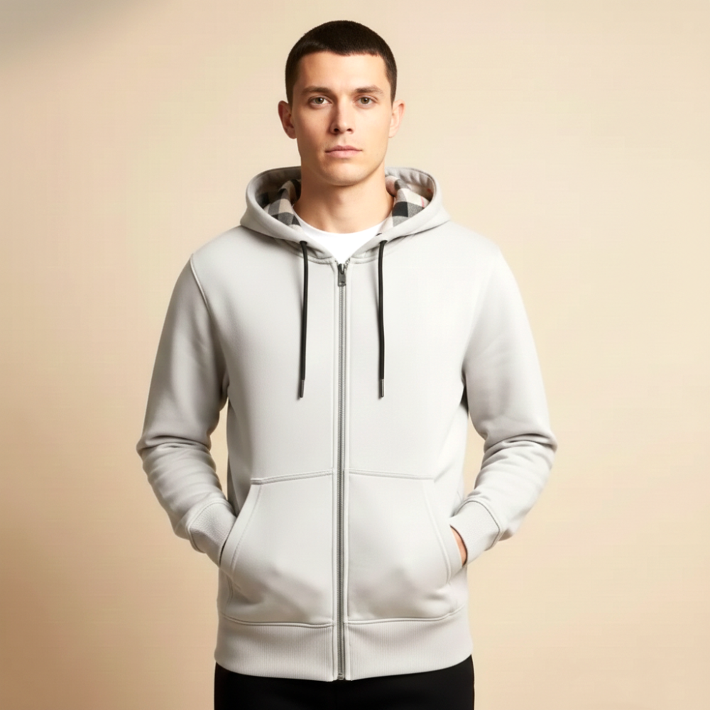 Burberry Hood Embroidery Logo White Zip Hoodie-thumb-0