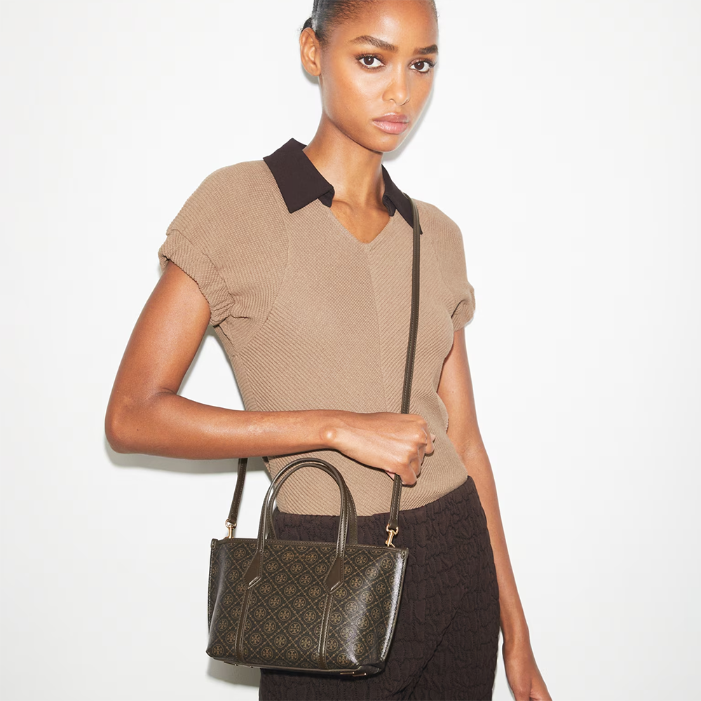 Tory Burch Perry Dark Brown Small Embossed Tote Bag-2