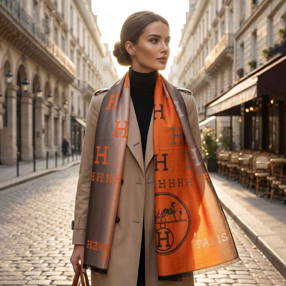 Hermes Orange Cashmere Reversible Stole-thumb-1
