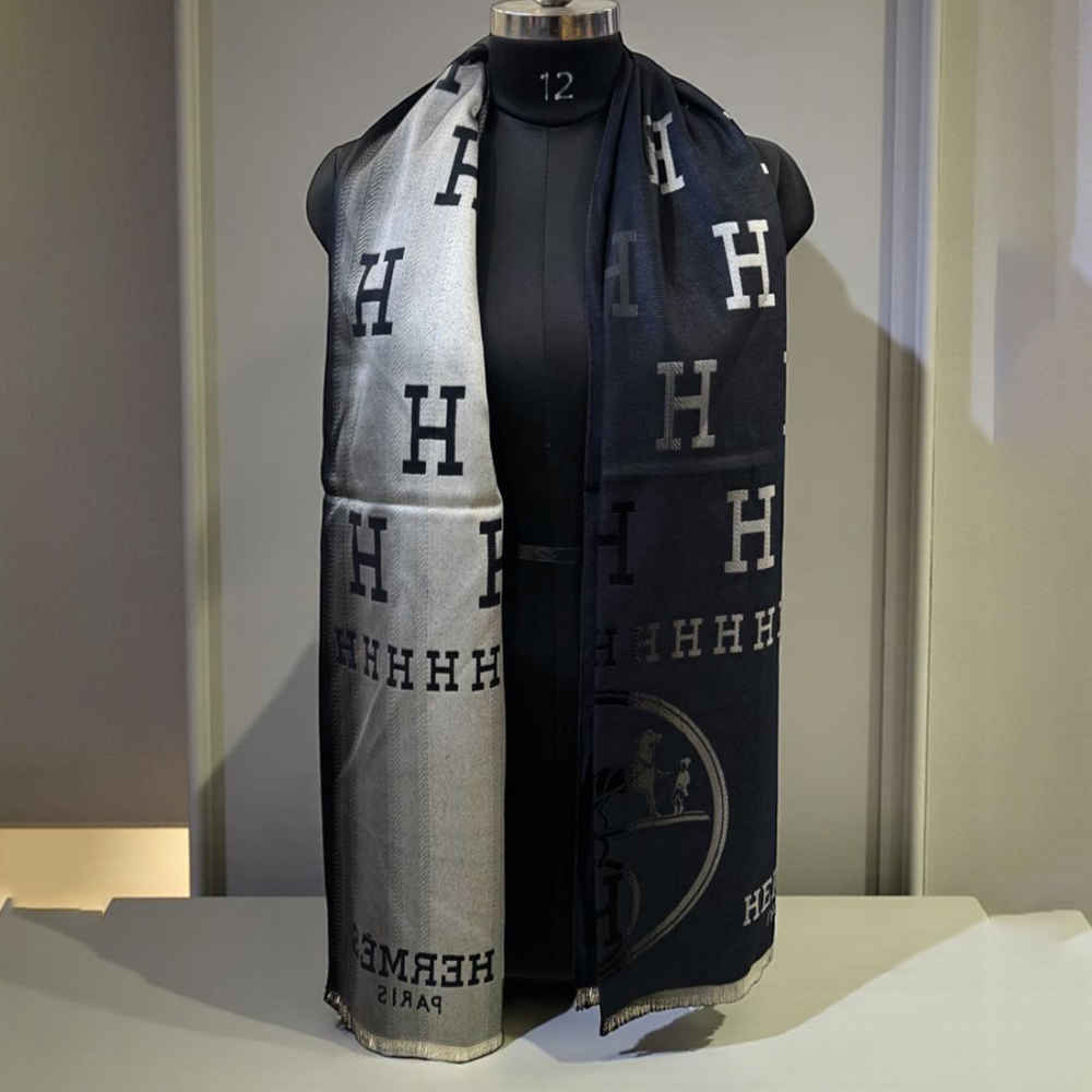 Hermes Black Cashmere Reversible Stole-thumb-0