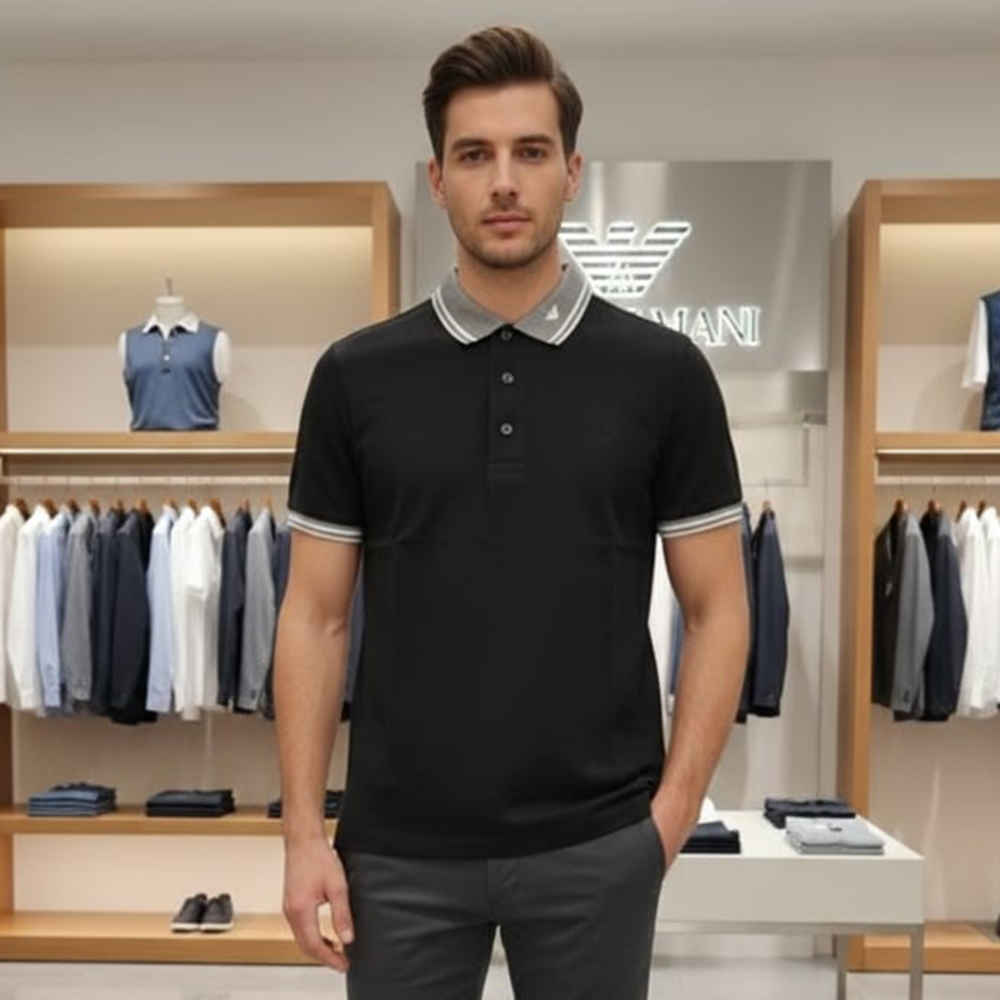 Emporio Armani Lycra Black Premium Collar T-shirt-thumb-3