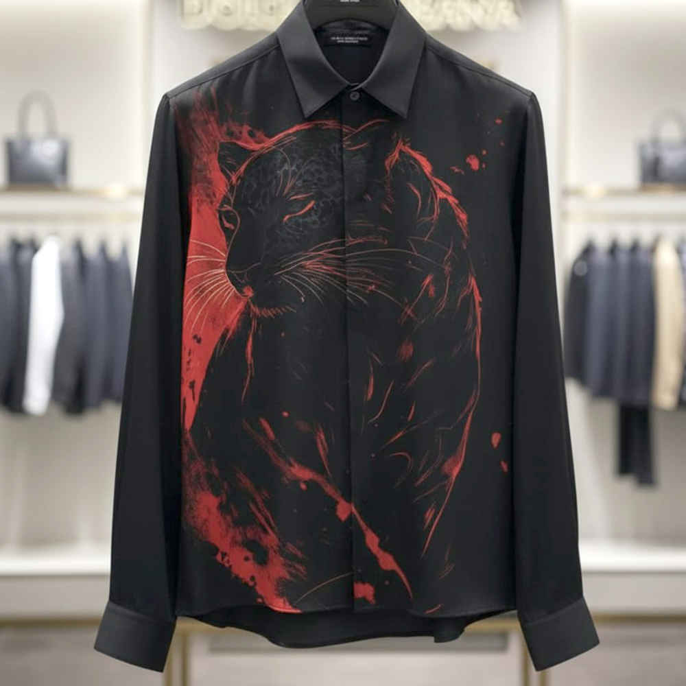 Dolce & Gabbana Crimson Wildcat Print Black Premium Quality Cotton Shirt-thumb-1
