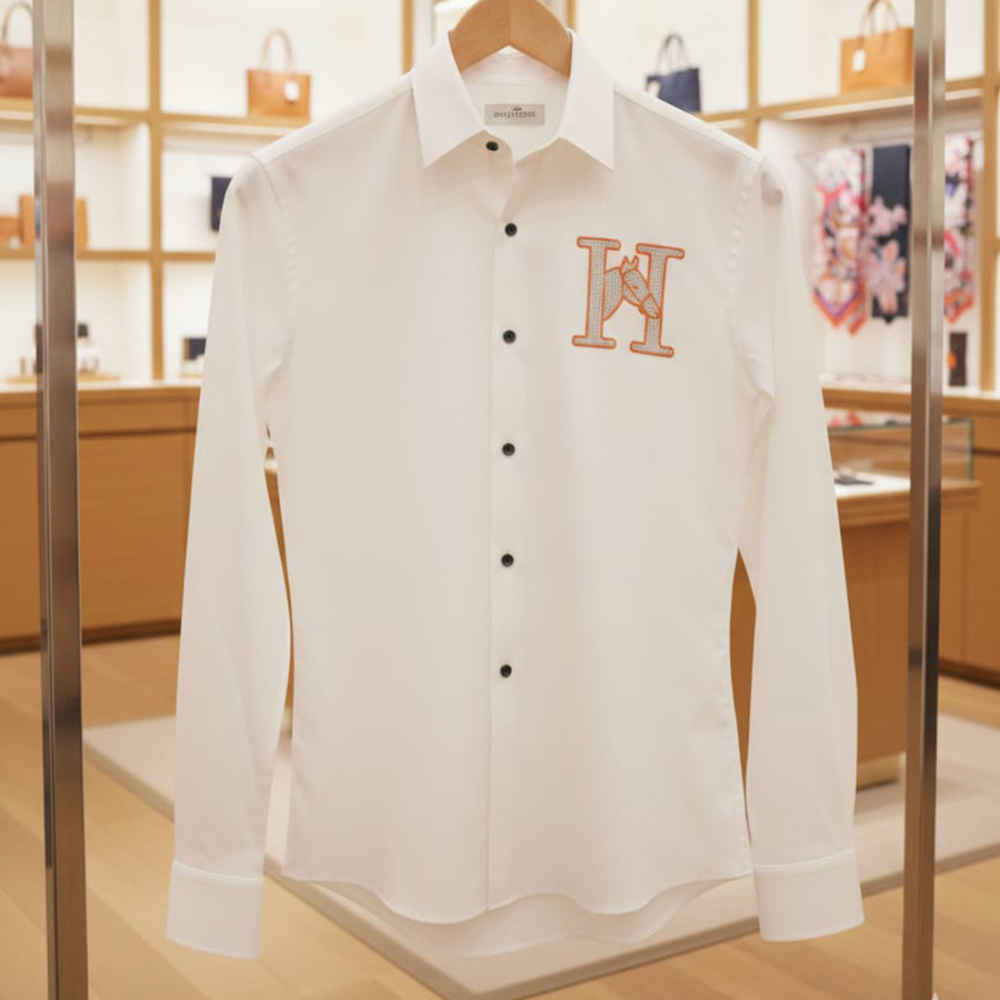 Hermès H Logo Embroidery White Premium Shirt-thumb-1