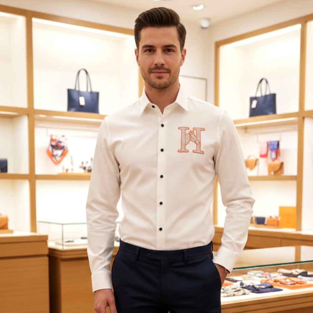Hermès H Logo Embroidery White Premium Shirt-thumb-3