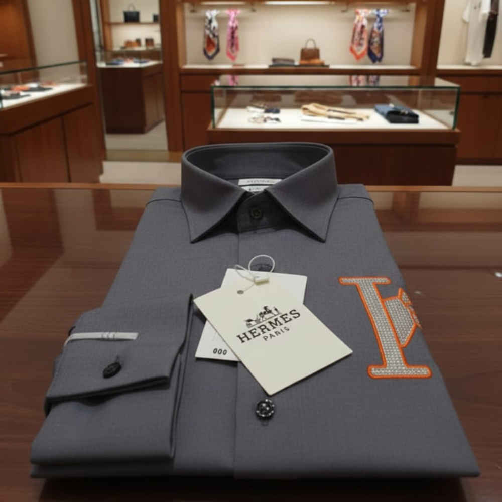 Hermès H Logo Embroidery Grey Premium Shirt-thumb-3