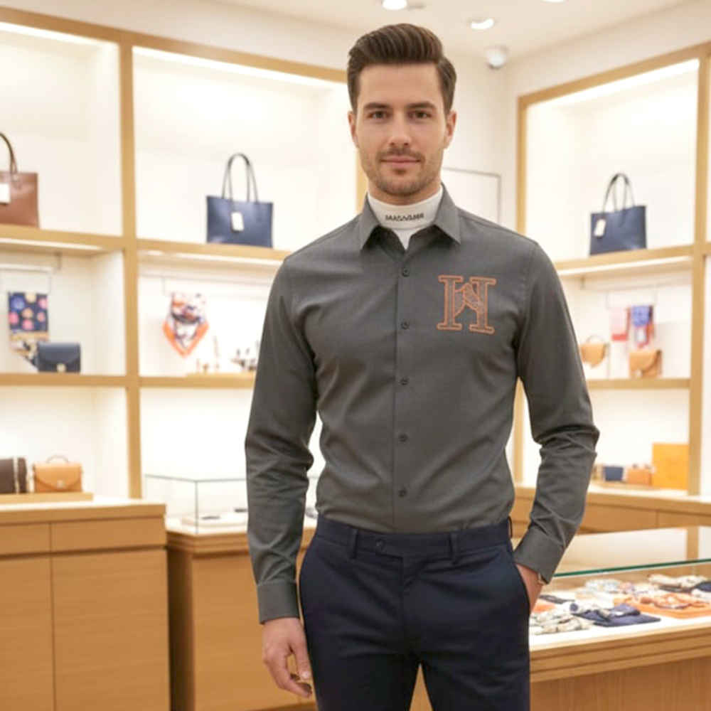 Hermès H Logo Embroidery Grey Premium Shirt-thumb-2