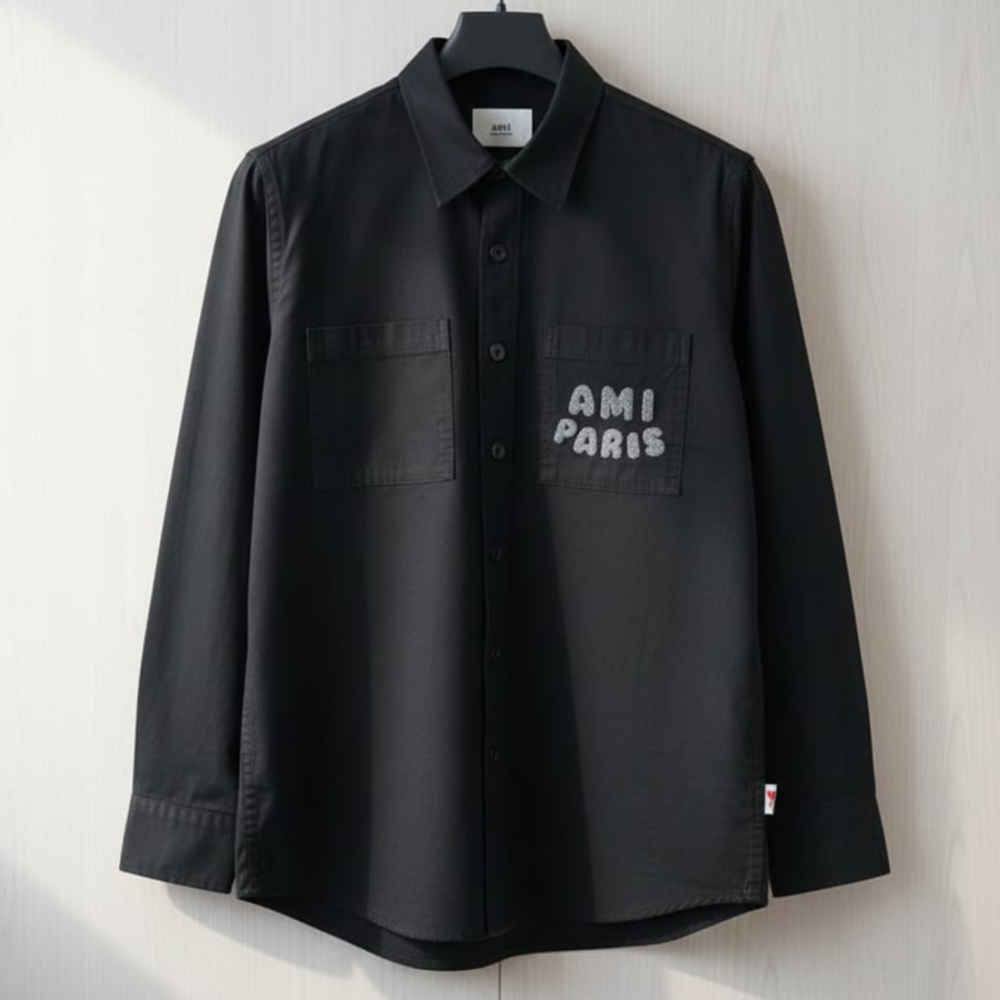 Ami Paris Embroidery Logo Black Cotton Shirt-thumb-1