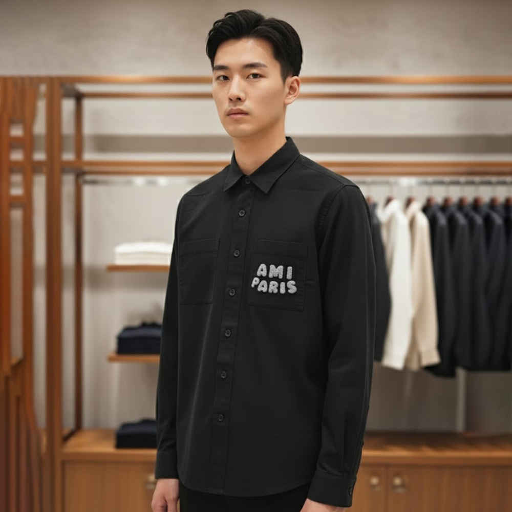 Ami Paris Embroidery Logo Black Cotton Shirt-thumb-3