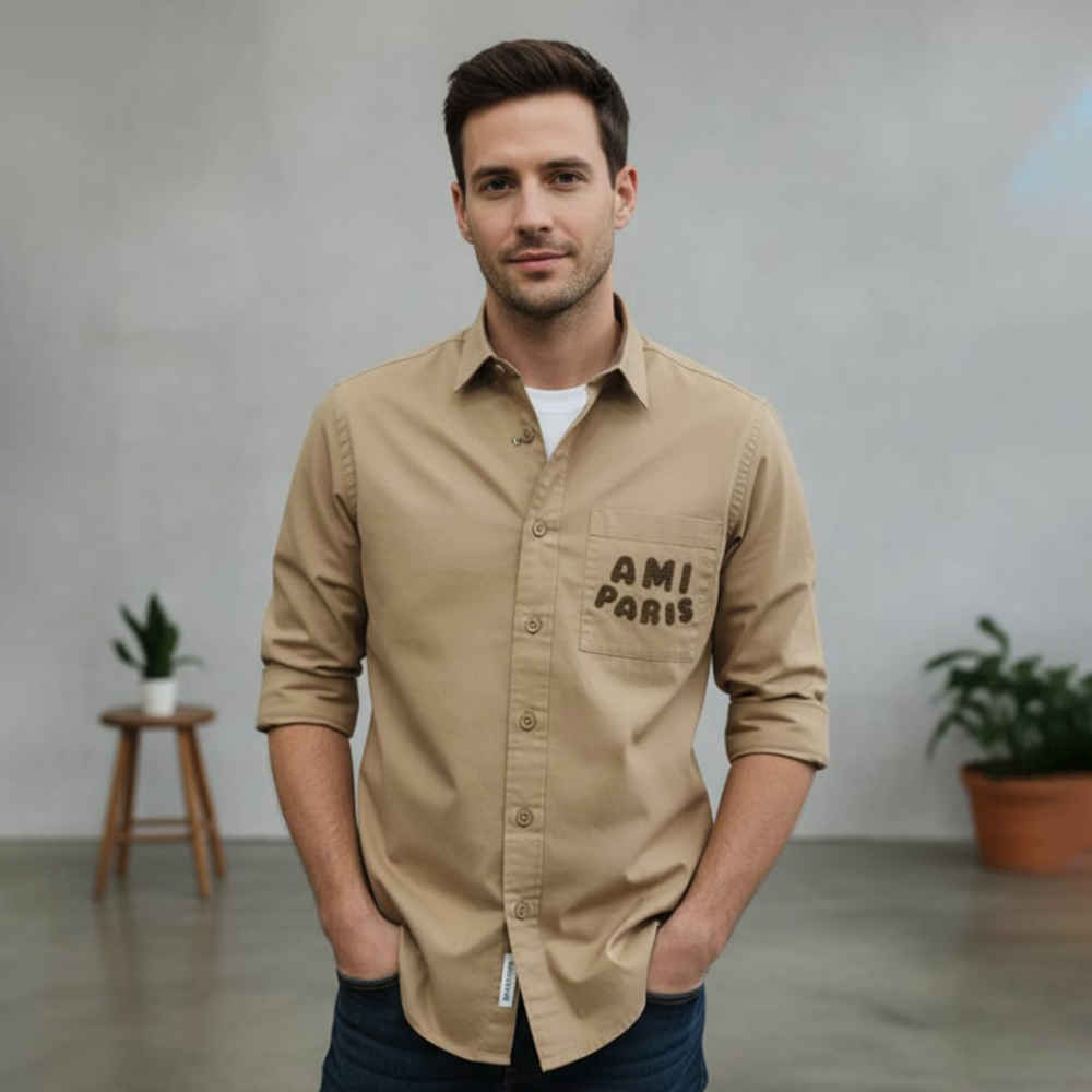 Ami Paris Embroidery Logo Beige Cotton Shirt-thumb-0