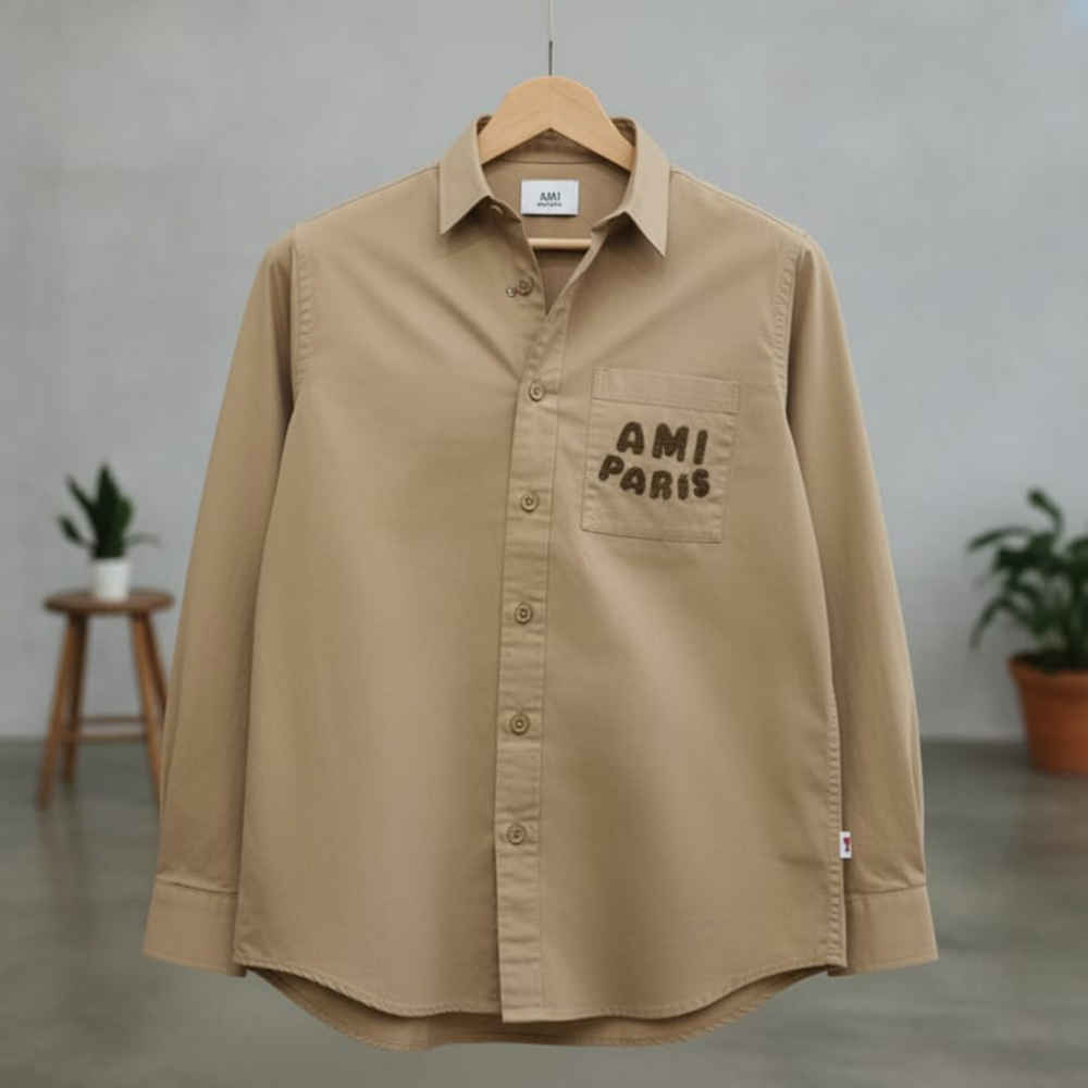 Ami Paris Embroidery Logo Beige Cotton Shirt-thumb-2