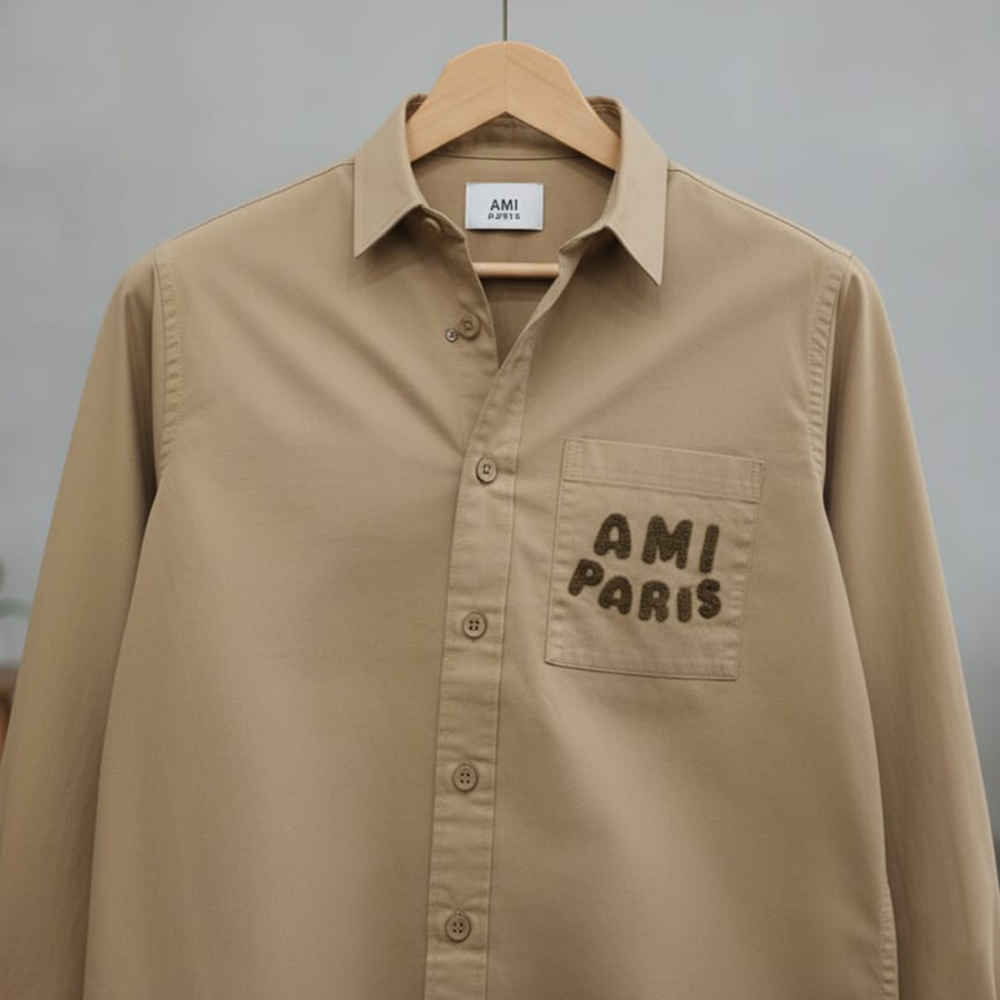 Ami Paris Embroidery Logo Beige Cotton Shirt-thumb-1