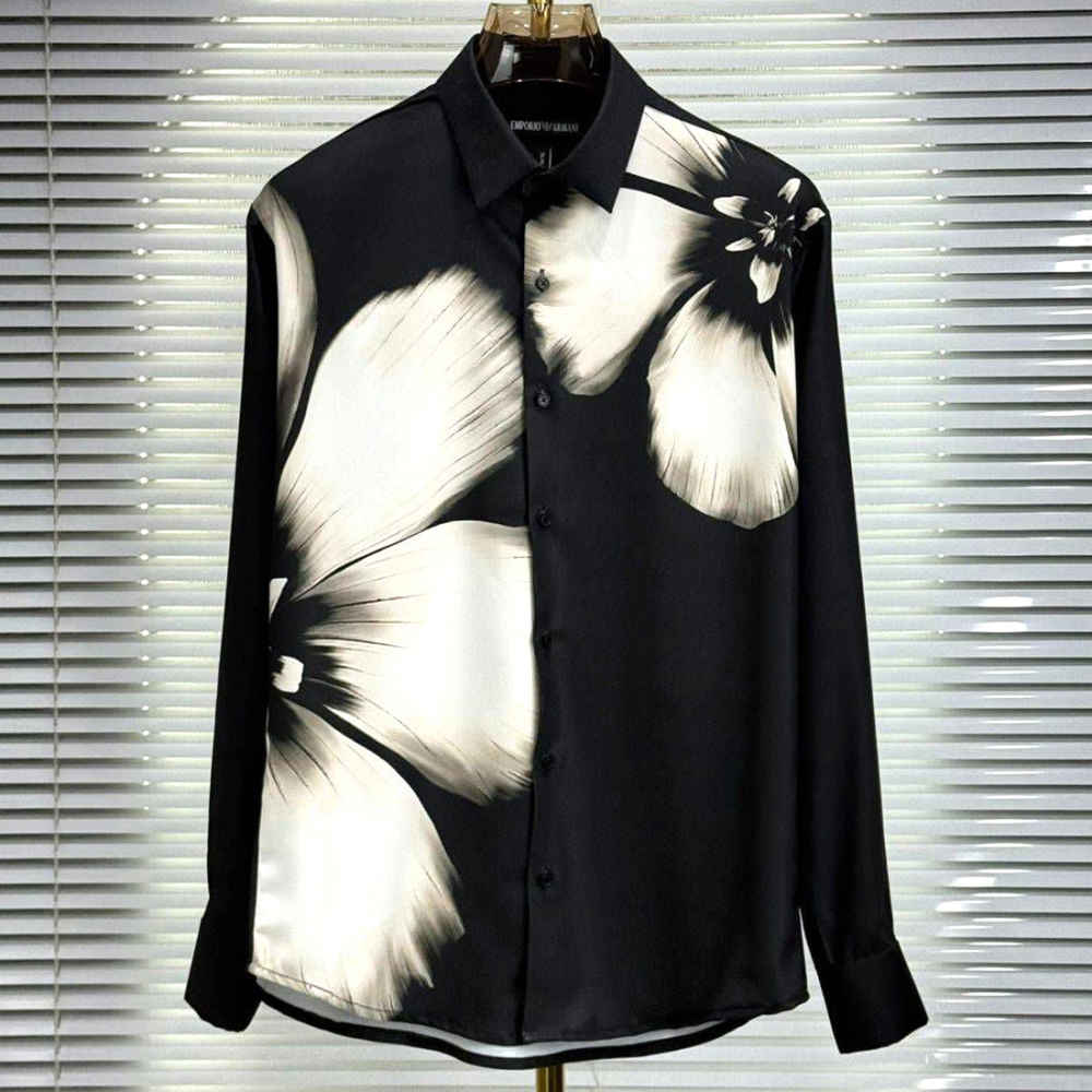 Emporio Armani Flower Print Black Premium Stretchable Shirt-thumb-0