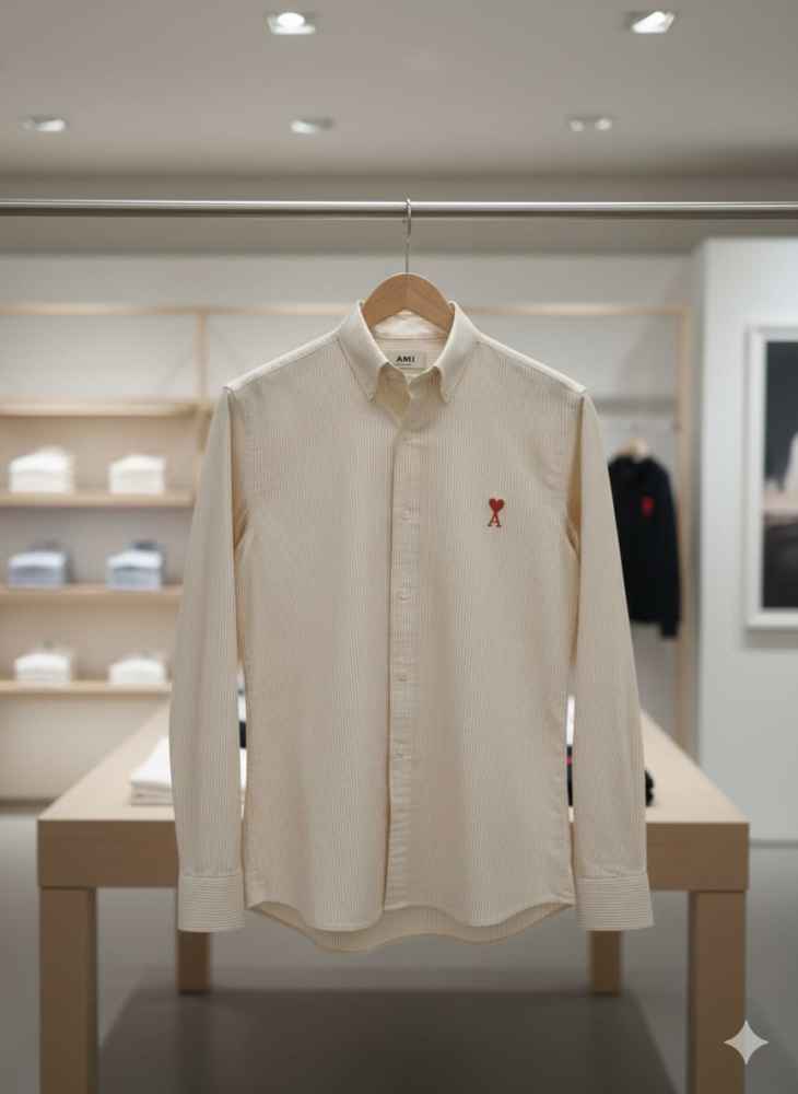 Ami Paris Heart Logo Cream Striped Shirt-2