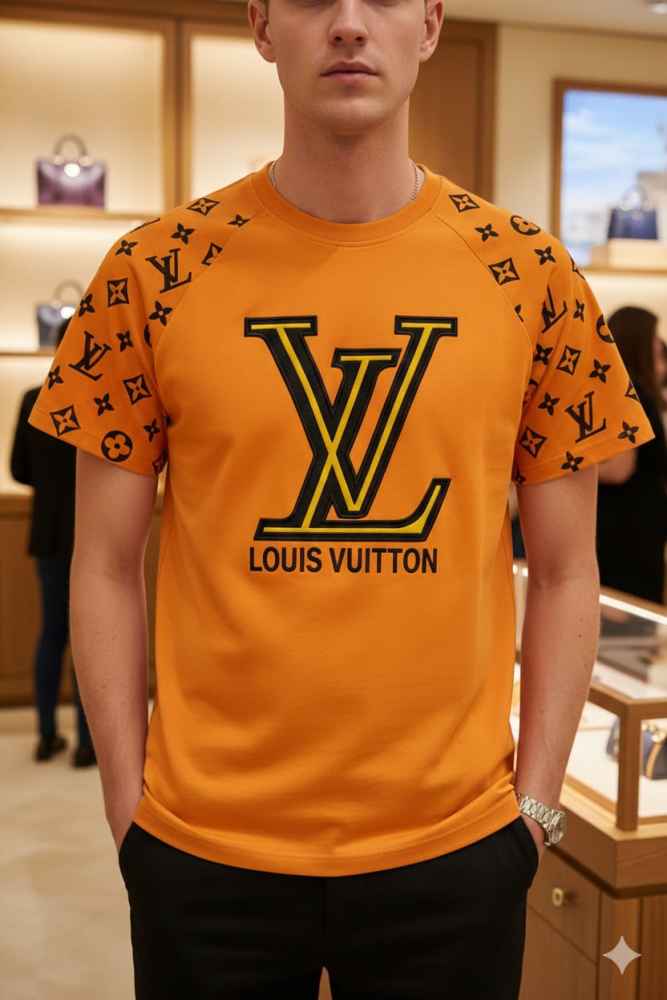 Louis Vuitton Orange Embroidery Logo Premium T-shirt-1