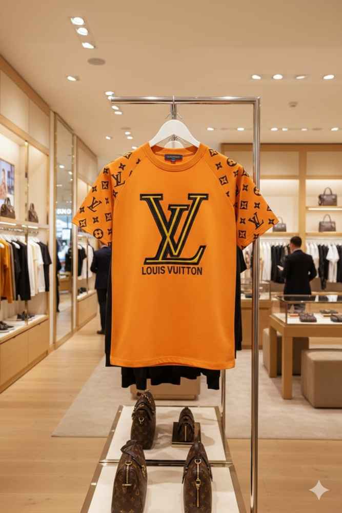 Louis Vuitton Orange Embroidery Logo Premium T-shirt-2