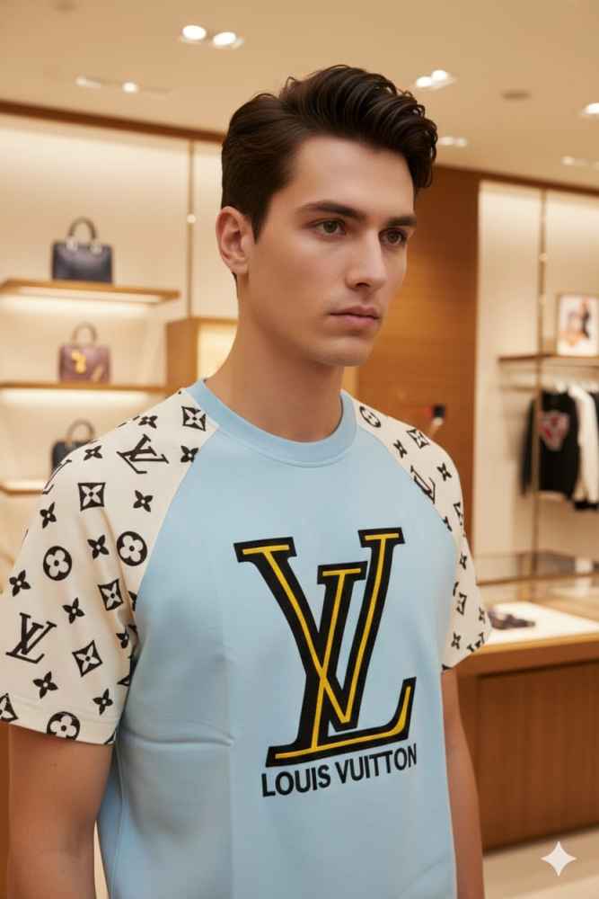 Louis Vuitton Sky Blue Embroidery Logo Premium T-shirt-1