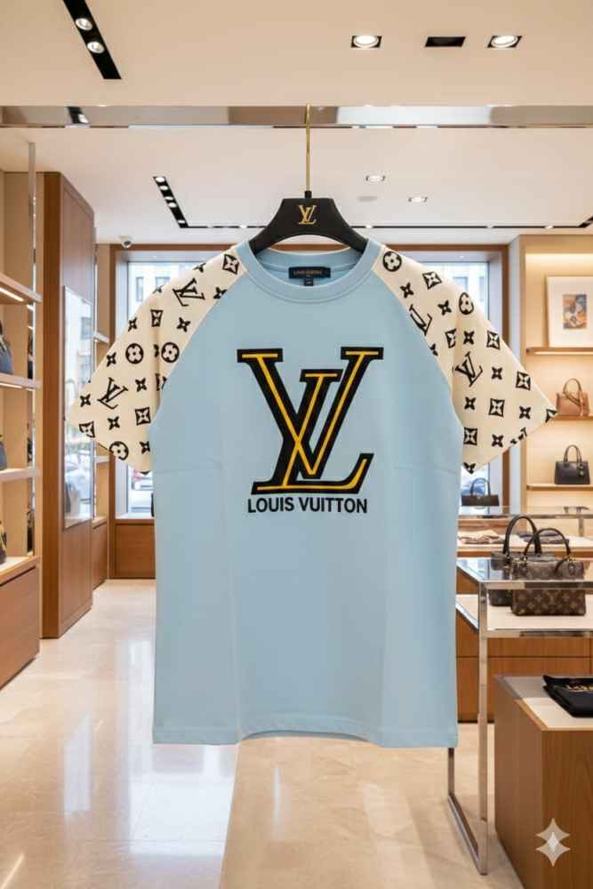 Louis Vuitton Sky Blue Embroidery Logo Premium T-shirt-2