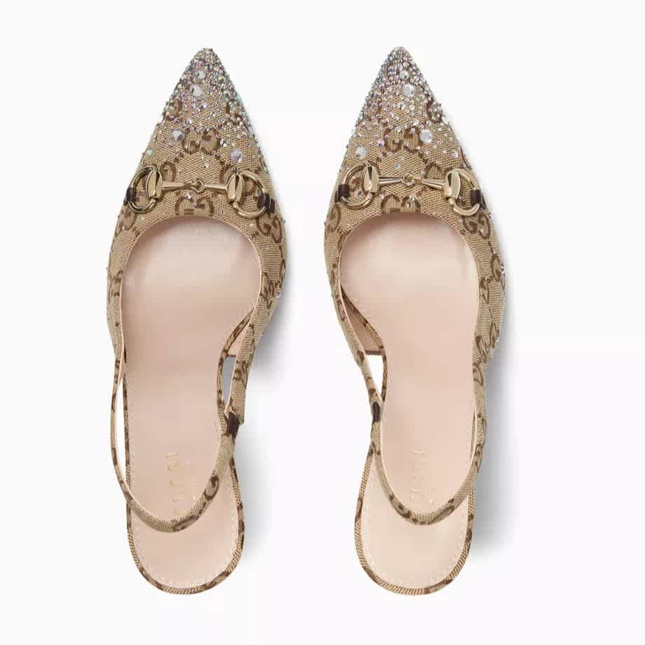 Gucci Women's Crystal Horsebit Brown Slingback Heels Sandles-3