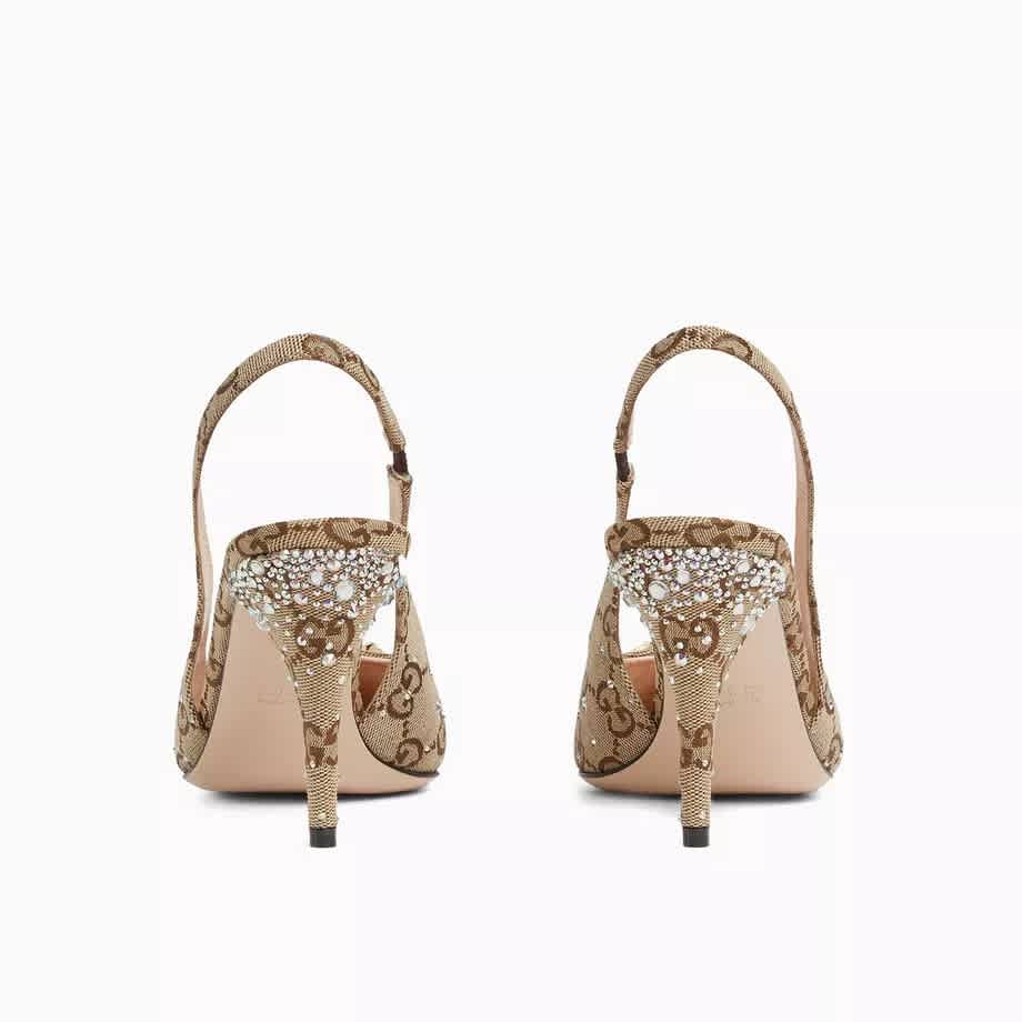 Gucci Women's Crystal Horsebit Brown Slingback Heels Sandles-1