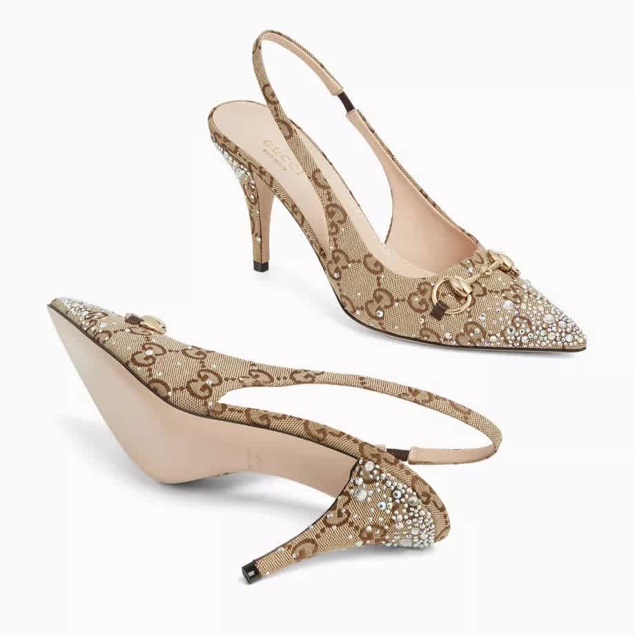 Gucci Women's Crystal Horsebit Brown Slingback Heels Sandles-2