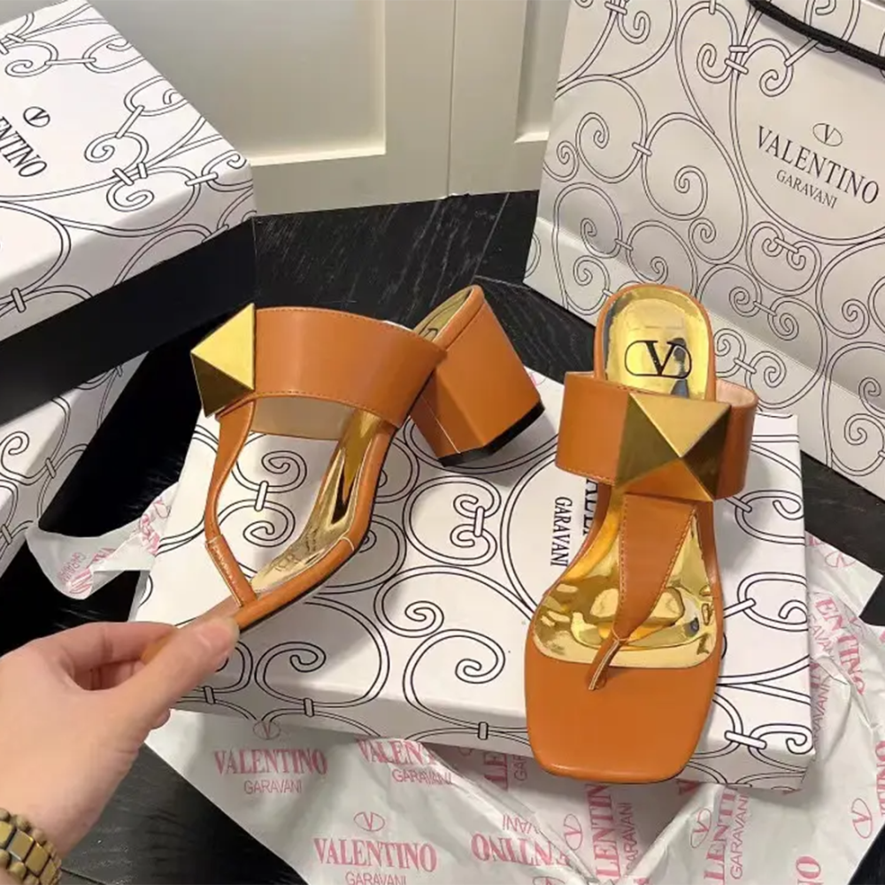 Valentino Garavani Brown Leather Premium Quality Heel Sandals-thumb-0