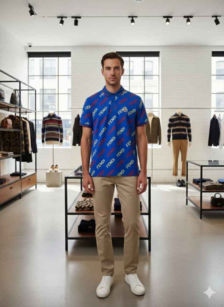 Fendi Blue Embroidery Logo Premium Baggy Fit T-shirt-thumb-0