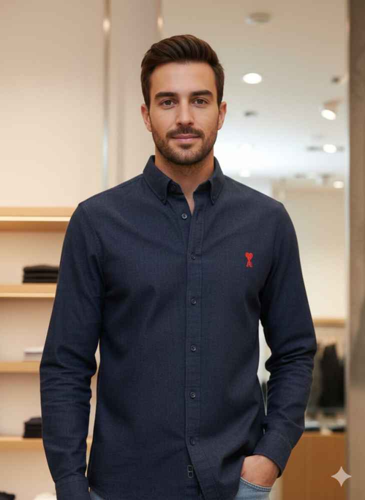 Ami Paris Heart Logo Blue Striped Shirt-thumb-1