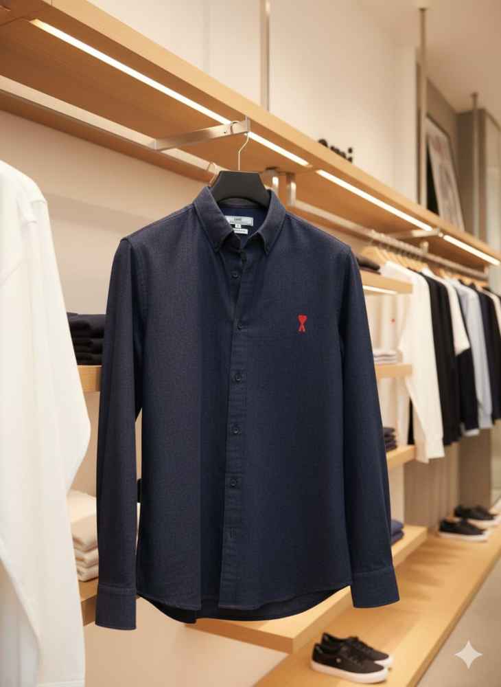 Ami Paris Heart Logo Blue Striped Shirt-thumb-2