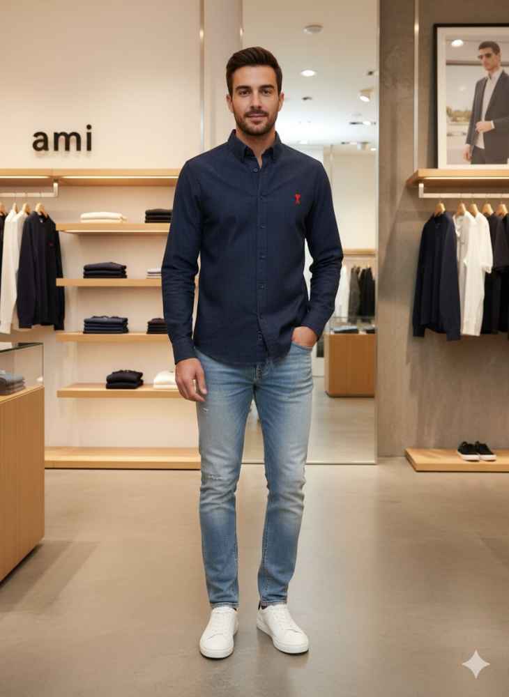 Ami Paris Heart Logo Blue Striped Shirt-thumb-0