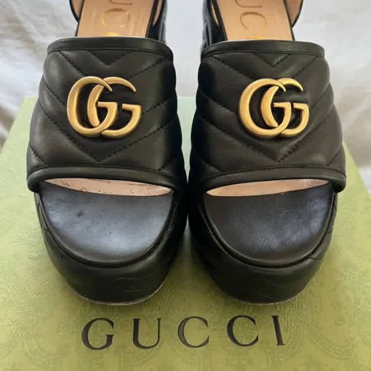 Gucci Marmont Black Mid High Heel Sandals-1