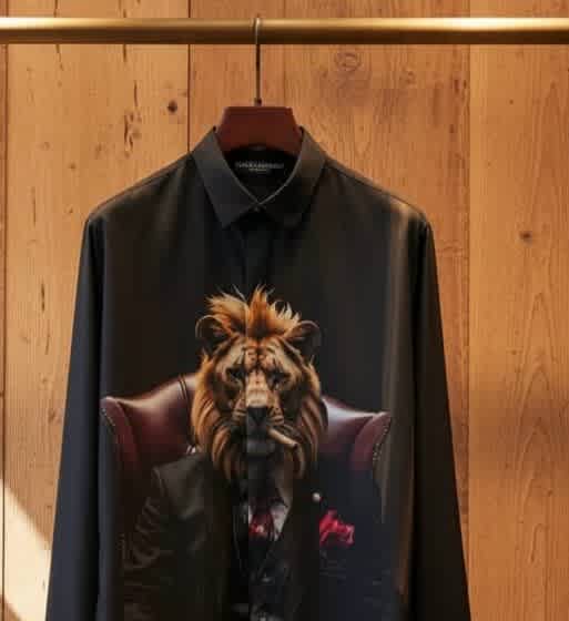 Dolce & Gabbana Lycra Cotton Black Lion Print Premium Shirt-2