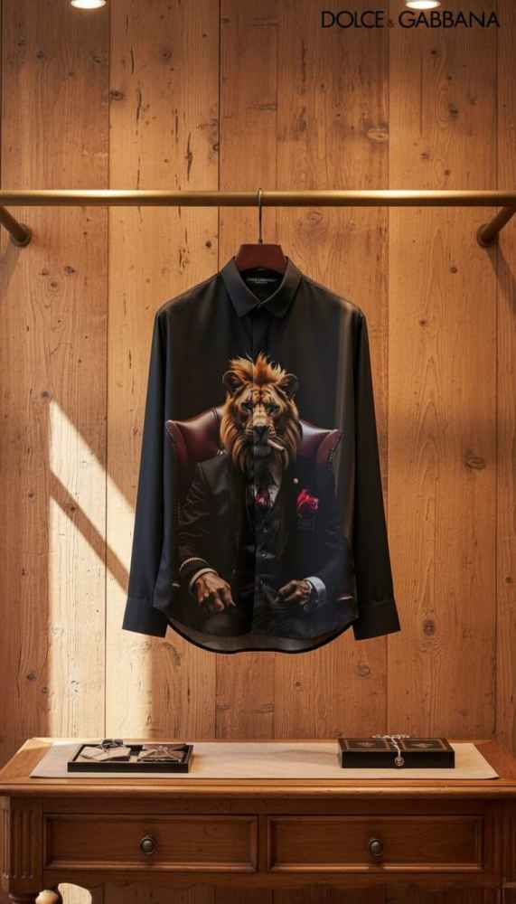 Dolce & Gabbana Lycra Cotton Black Lion Print Premium Shirt-3