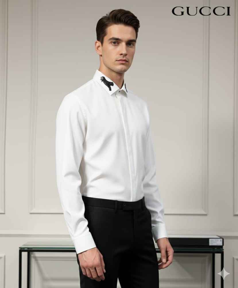 Gucci GG Embroidery White Stretch Cotton Shirt-thumb-0