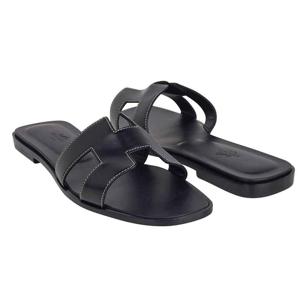 Hermes Black Premium Quality Women's Flat Sandals-thumb-0