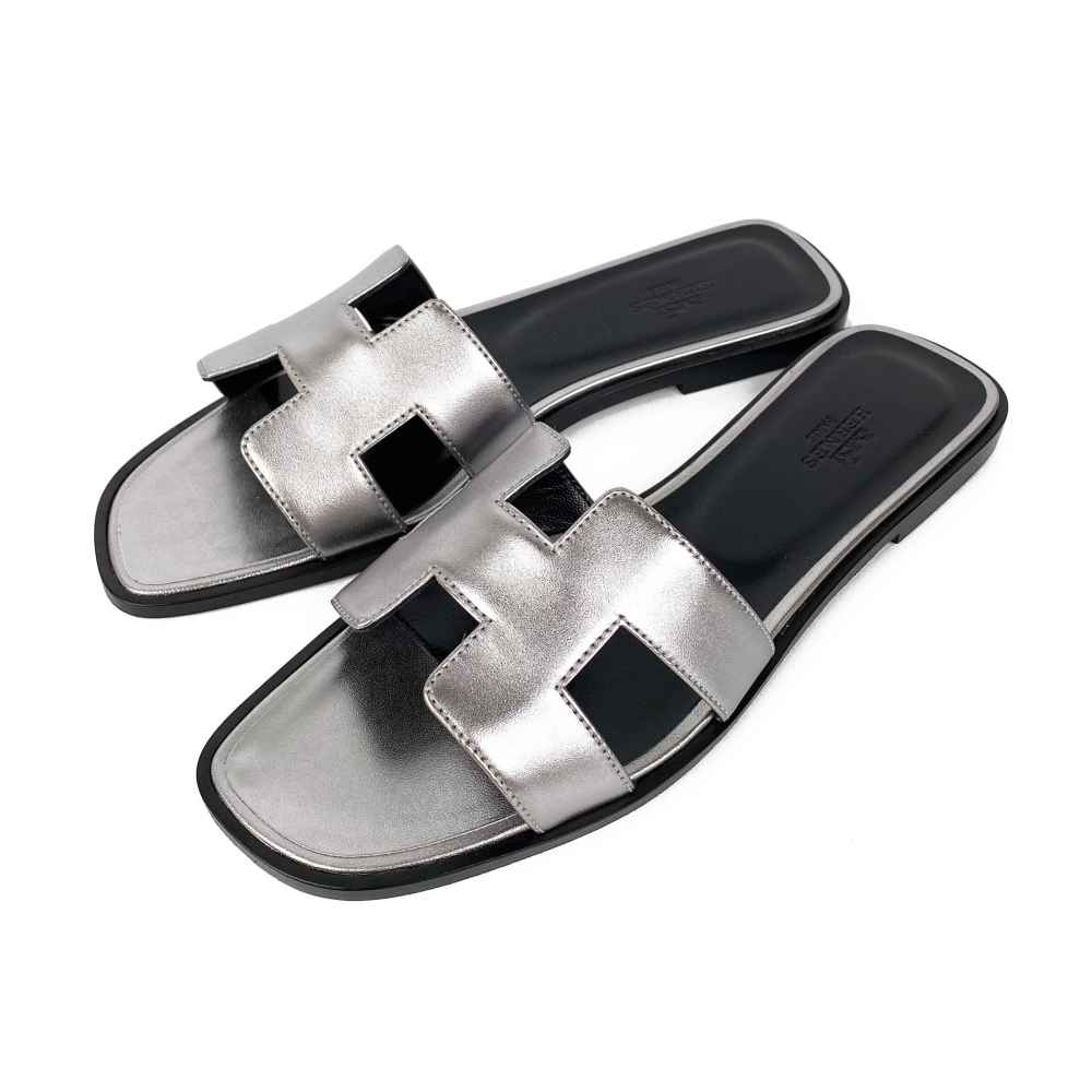 Hermes Silver Premium Quality Women's Flat Sandals-thumb-0