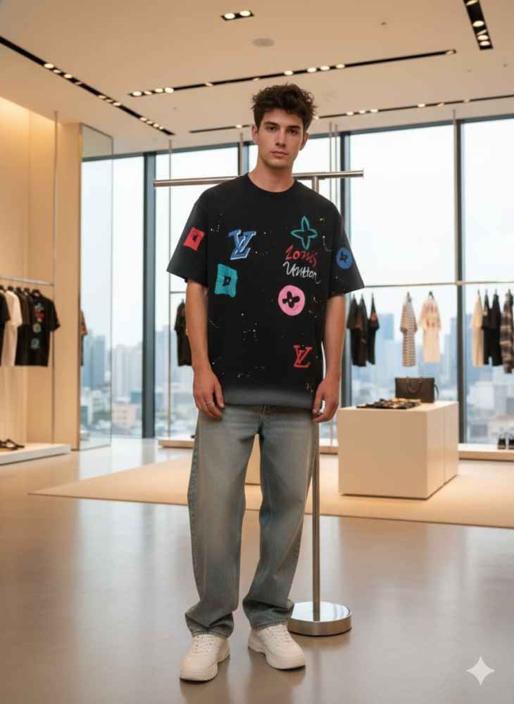 Louis Vuitton Black Embroidery Logo Premium T-shirt-thumb-0