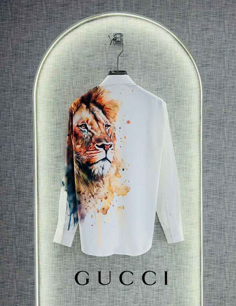 Gucci Lion Print White Premium Quality Cotton Shirt-1