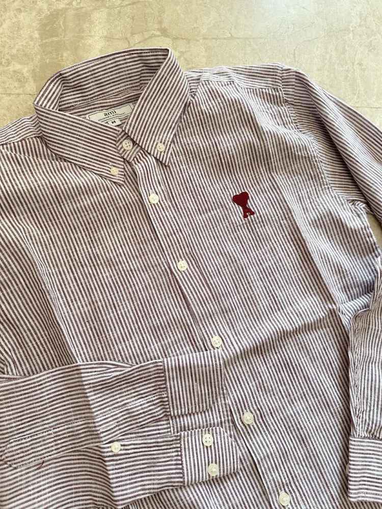Ami Paris Heart Logo Wine Striped Shirt-1