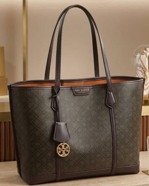 Tory Burch Jacquard Dark Brown Tote Bag-thumb-0