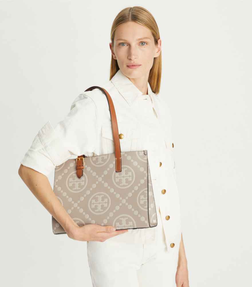 Tory Burch Monogram Cream Contrast Embossed Tote Bag-1