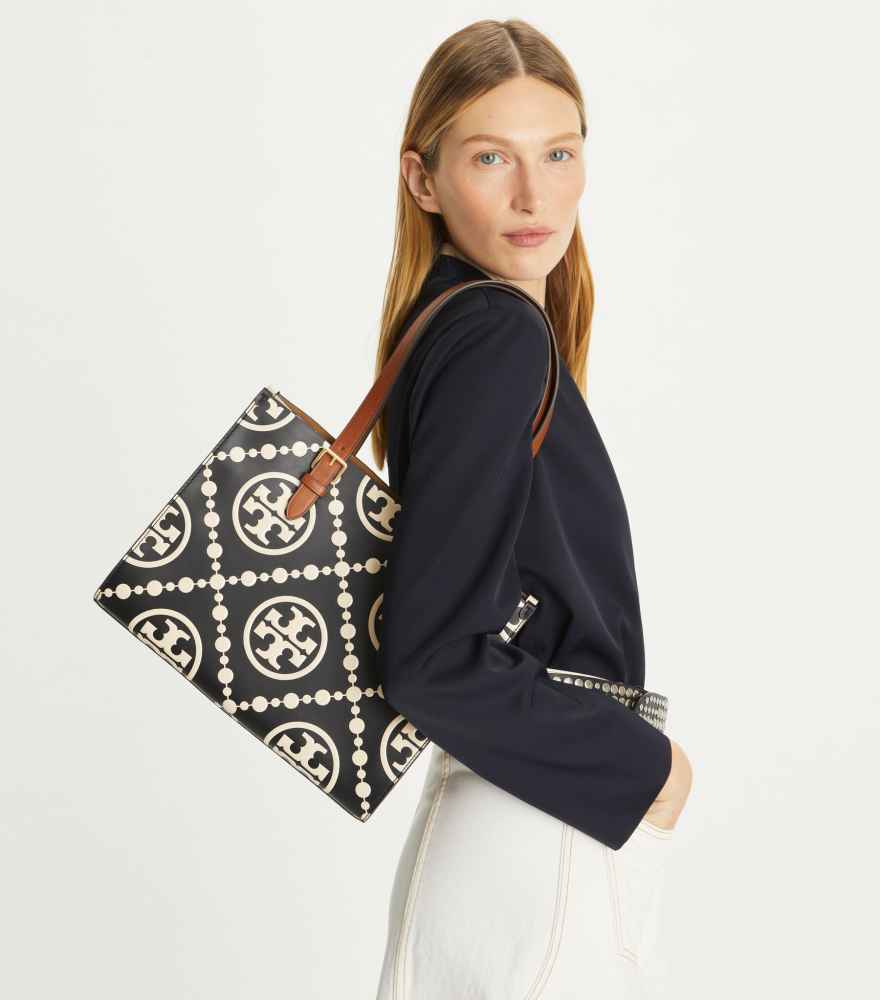 Tory Burch Monogram Black Contrast Embossed Tote Bag-1