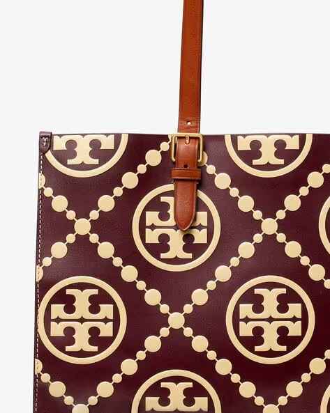 Tory Burch Monogram Wine Contrast Embossed Tote Bag-thumb-2
