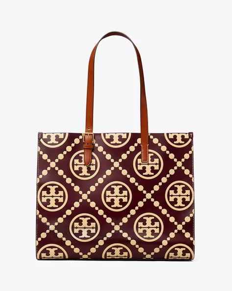 Tory Burch Monogram Wine Contrast Embossed Tote Bag-thumb-0