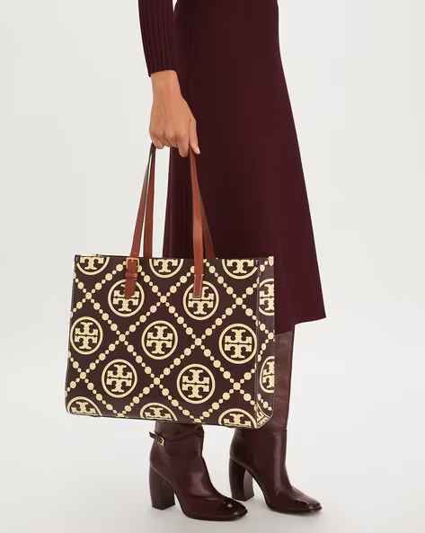 Tory Burch Monogram Wine Contrast Embossed Tote Bag-thumb-3