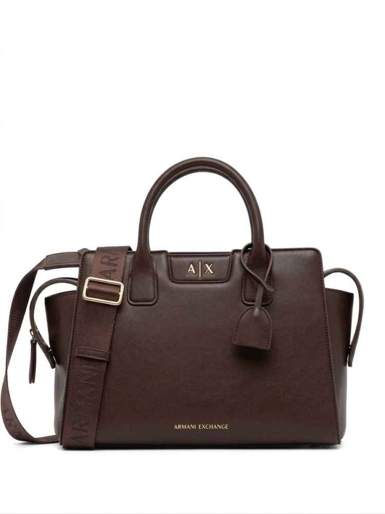 Armani Exchange Glossy Dark Brown Embossed Logo Tote Bag-thumb-0