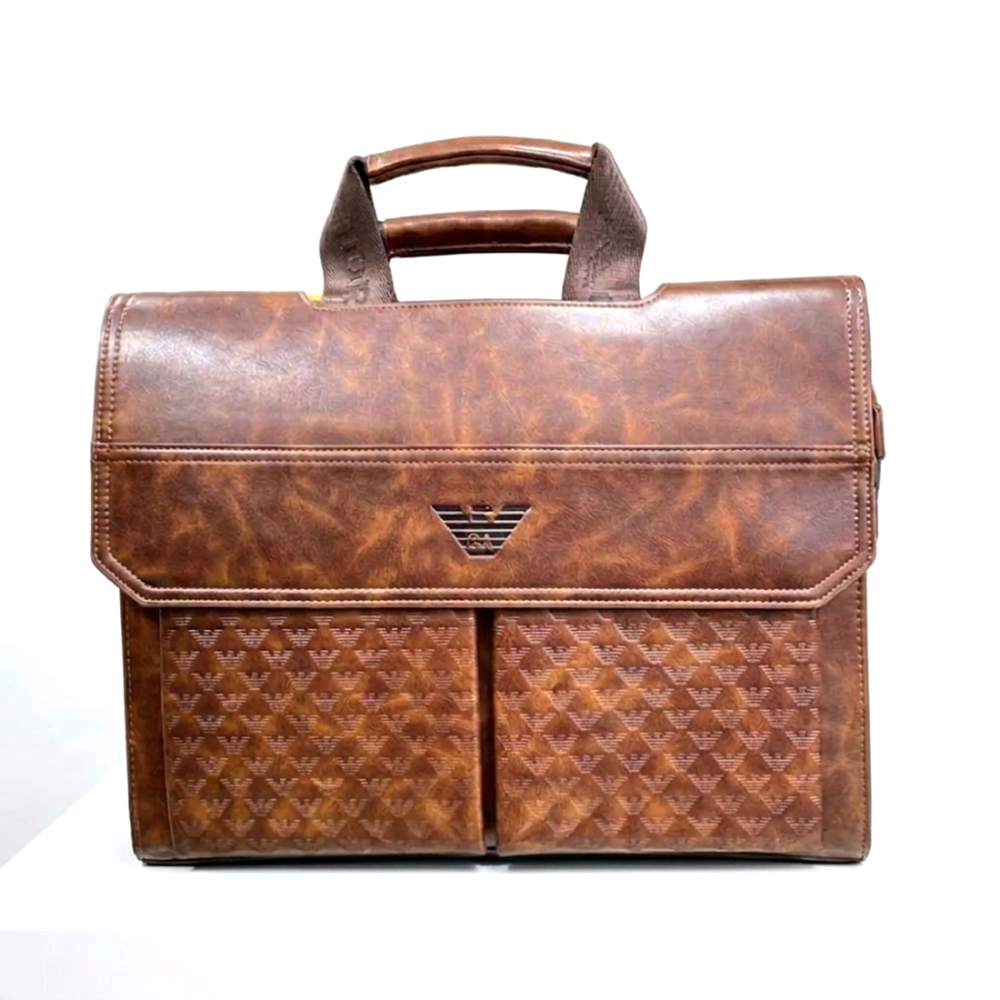Giorgio Armani Embossed Brown Leather Laptop Bag-thumb-0