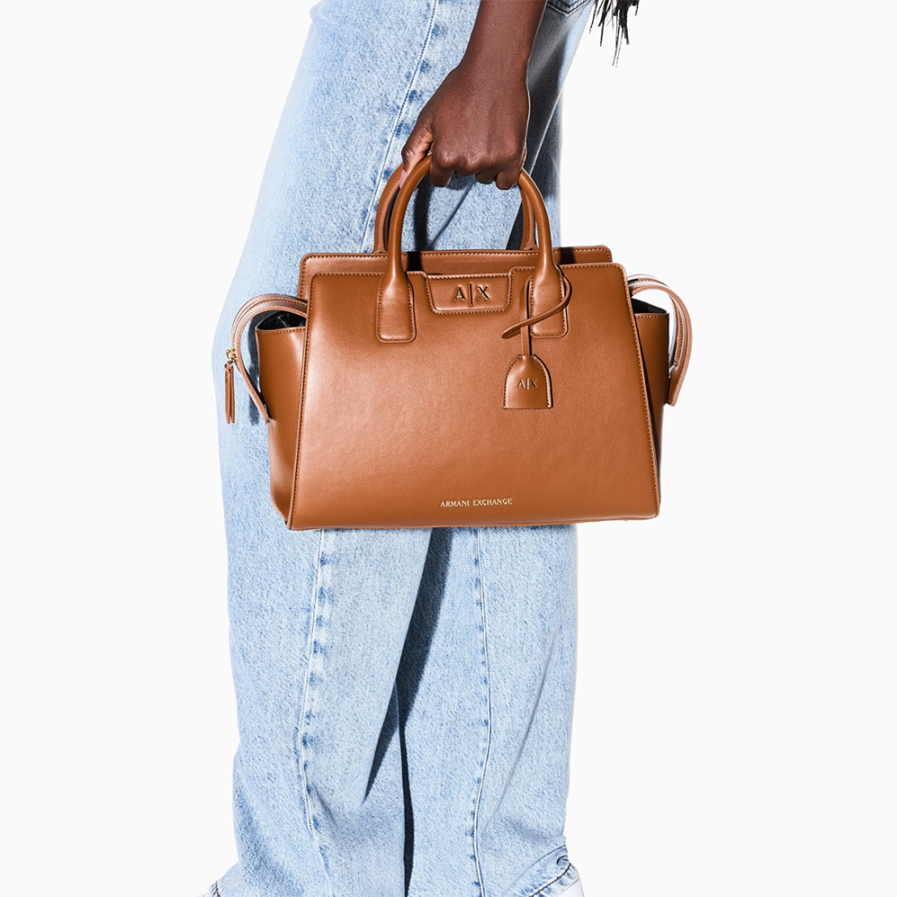 Armani Exchange Glossy Brown Embossed Logo Tote Bag-thumb-5