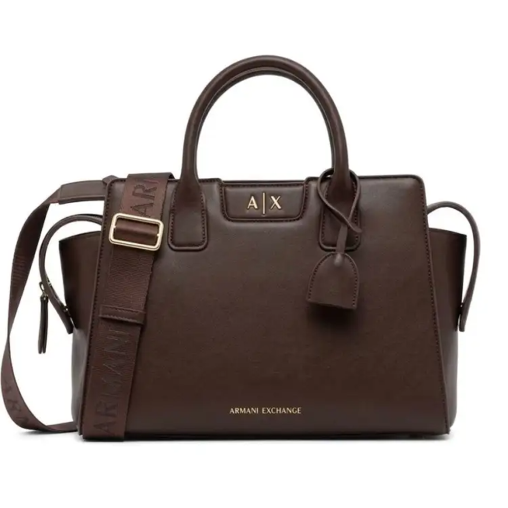 Armani Exchange Glossy Dark Brown Embossed Logo Tote Bag-thumb-0