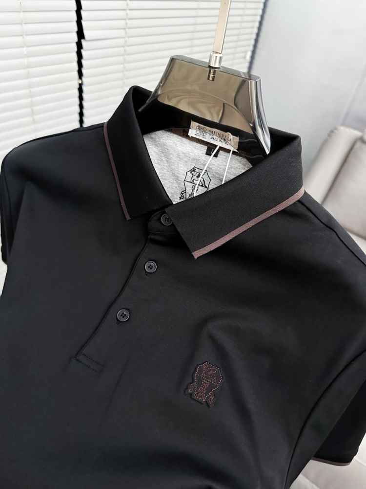 Brunello Cucinelli Black Embroidery Premium Polo T-shirt-2